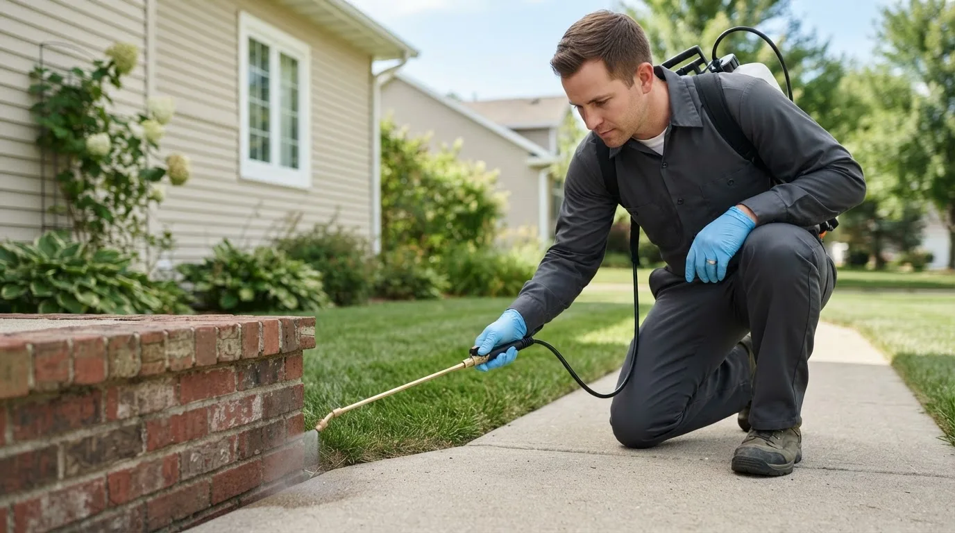 Pest control technician treating a home near Carlisle, IN